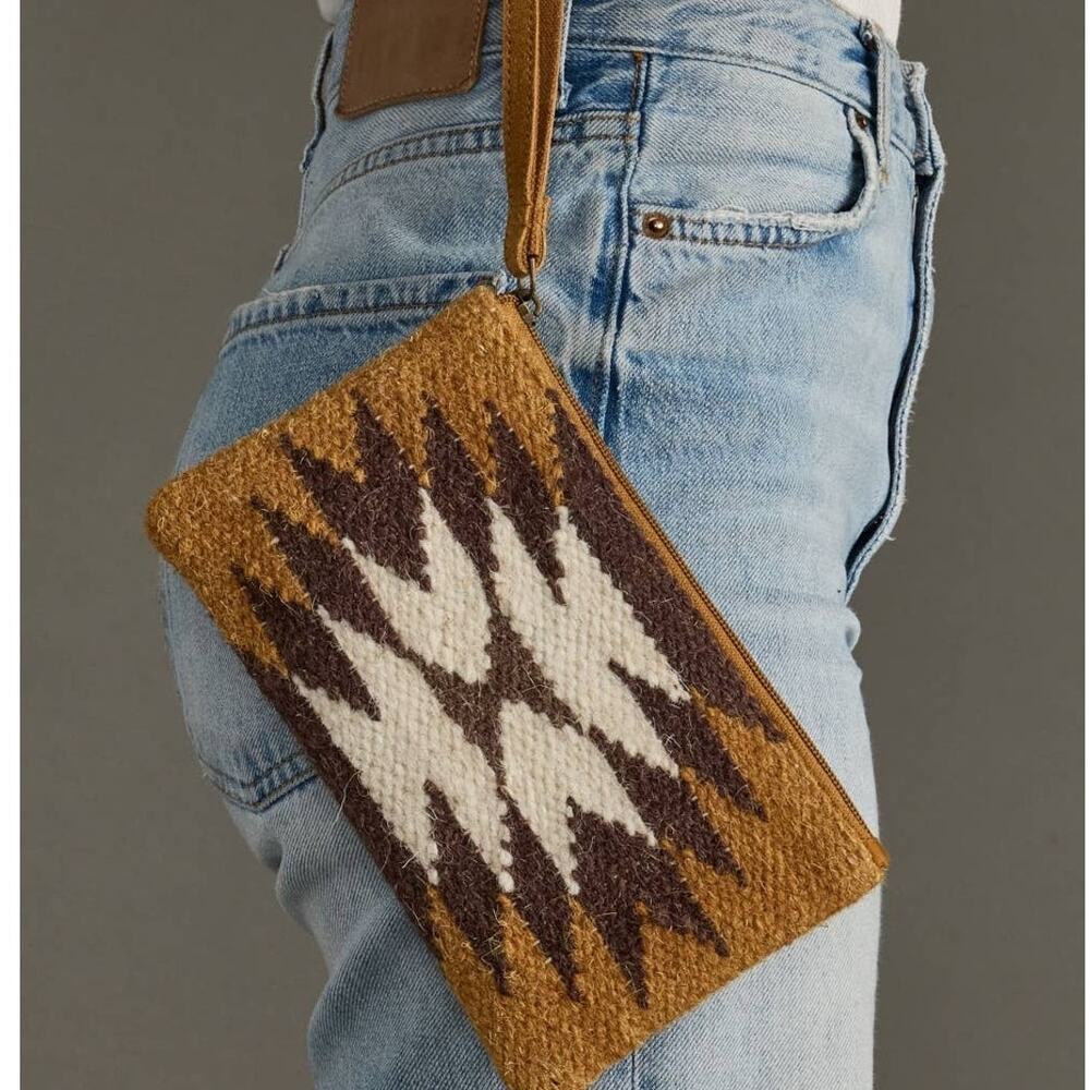 Tan Brown Cream Western Aztec Wool Cotton Suede Wristlet